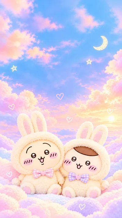 うさぎとくりまんじゅうがふわふわ着ぐるみでパステル雲に座るスマホ待ち受け