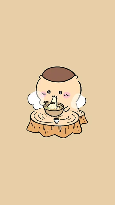 ちいかわのくりまんじゅうが切り株で熱々の麺を食べる可愛いスマホ壁紙
