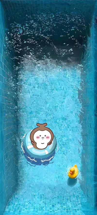 プールに浮かぶ浮き輪に乗った可愛いちいかぶとアヒルの夏らしいスマホ壁紙
