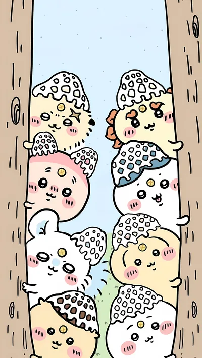 ちいかわやハチワレたちが木の隙間からひょっこり覗く島編のスマホ向け壁紙