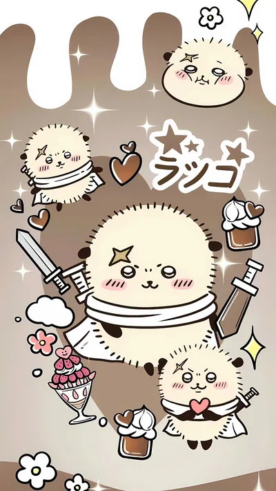 ちいかわのラッコ先生が剣を持つチョコスイーツ柄の可愛いスマホ壁紙