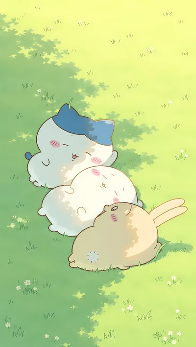 ちいかわとハチワレとうさぎが木漏れ日の草原でお昼寝する癒しのスマホ壁紙