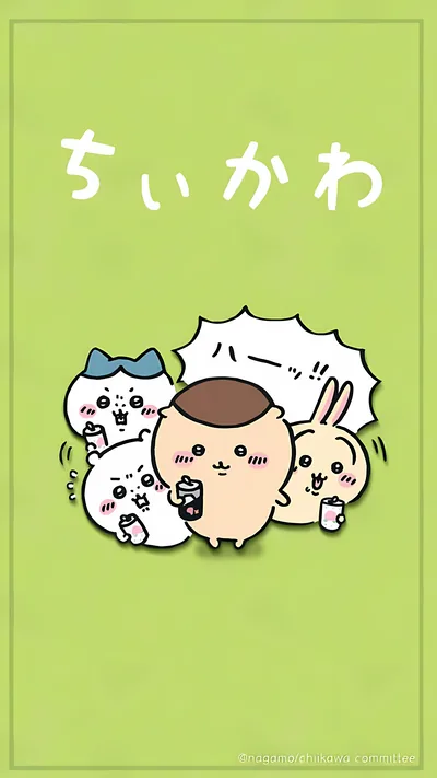 くりまんじゅうとちいかわ、ハチワレ、うさぎがドリンクを飲むスマホ待ち受け