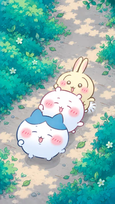 ハチワレとちいかわとうさぎが木漏れ日の小道を並んで楽しくお散歩する可愛いスマホ壁紙