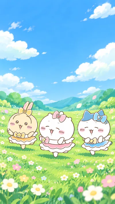 お花畑で可愛く踊るちいかわ、ハチワレ、うさぎの癒やしスマホ待ち受け