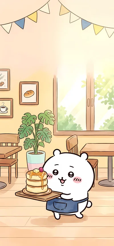 Chiikawa serving sweet fluffy pancakes in a sunny cozy cafe Wallpaper for Phone