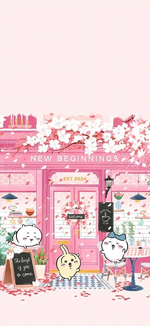 吉伊卡哇、小八、乌萨奇在樱花咖啡店前 - 手机背景