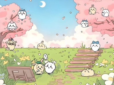 치이카와, 하치와레, 우사기가 벚꽃 풀밭에서 놀기 - png