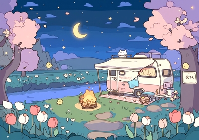 吉伊卡哇与小八在樱花溪边露营看星空 - 电脑桌面壁纸