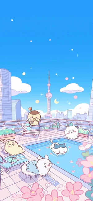 吉伊卡哇角色們在天臺泳池度假 - 桌布