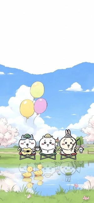 吉伊卡哇、小八、乌萨奇湖边休闲（樱花、气球、小鸭） - png手机壁纸