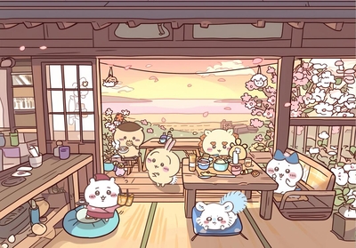吉伊卡哇角色们在海边樱花屋聚餐 - 电脑壁纸