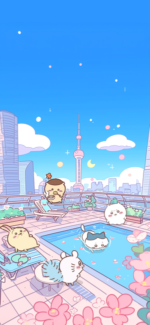吉伊卡哇角色們在露台泳池邊休閒 - 吉伊卡哇手機背景