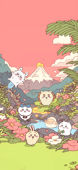 吉伊卡哇等角色在火山森林花叢嬉戲 - 桌布