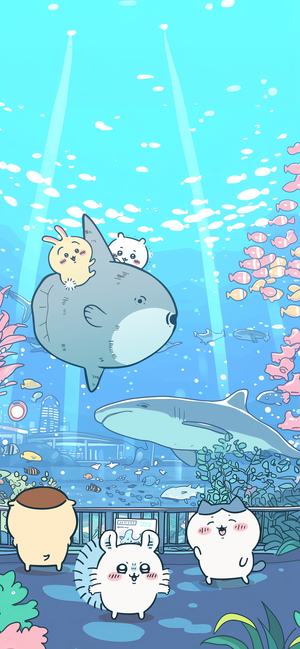 吉伊卡哇、烏薩奇、小八、飛鼠在水族館看魚 - 桌布