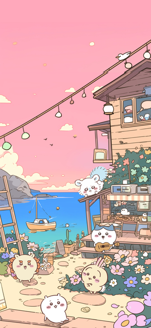 吉伊卡哇等角色在海邊小屋前玩耍 - iPhone桌布