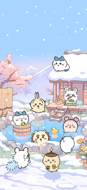 吉伊卡哇角色們在雪景溫泉玩耍 - 吉伊卡哇手機背景