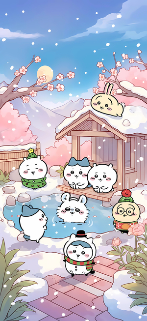 吉伊卡哇角色们冬日樱花温泉雪景 - 苹果手机壁纸