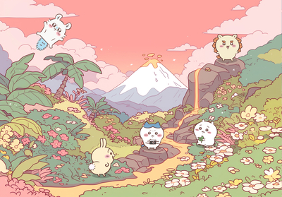 吉伊卡哇等角色在火山森林中互动 - png