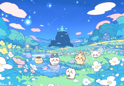 吉伊卡哇等角色在星空森林溪边玩耍 - 电脑桌面壁纸