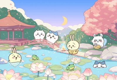 치이카와, 하치와레, 우사기, 모몽가가 연못과 정자 다리에서 놀기 - 치이카와 배경화면