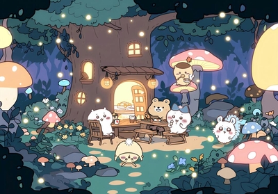 吉伊卡哇小八乌萨奇在森林树屋旁野餐 - 吉伊卡哇电脑背景