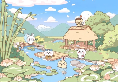 吉伊卡哇等角色在荷塘竹溪旁玩耍 - 吉伊卡哇电脑背景