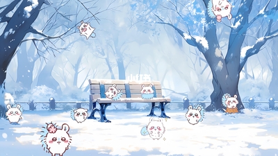 吉伊卡哇角色们在冬日森林雪地嬉戏 - 壁纸