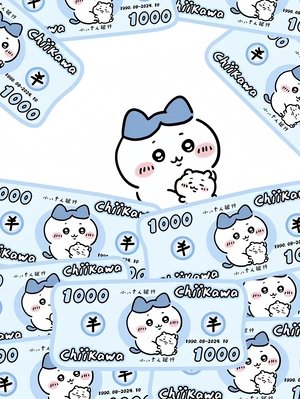吉伊卡哇抱着小八，围绕1000日元风格的吉伊卡哇纸币 - 手机壁纸