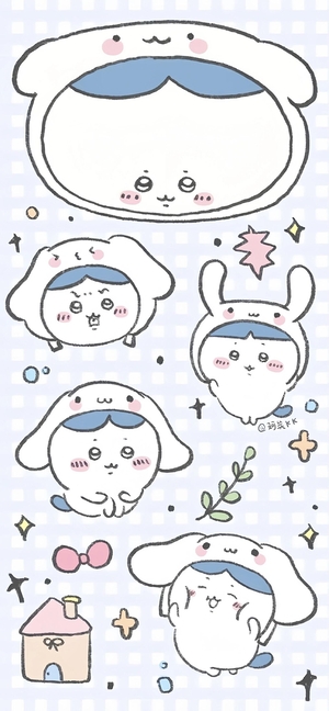 吉伊卡哇角色戴头套，有星星、小房子等可爱元素 - 壁纸